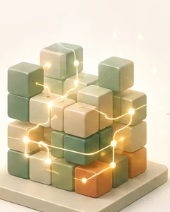 The blocks assembled into one connected, glowing stack.