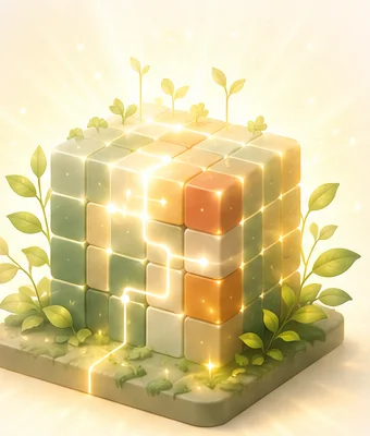 The full stack, lit from within, surrounded by growth.